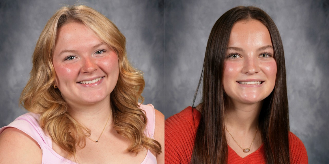 Side-by-side portraits of Waynesburg Central High School students Chatham Knight, wearing a light pink top, and Lelia McCollum, wearing a red sweater.