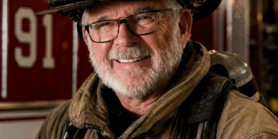 An older firefighter with glasses and a white beard smiles while wearing a black helmet marked “91” and tan firefighting gear in front of a red fire truck.