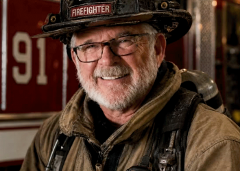 An older firefighter with glasses and a white beard smiles while wearing a black helmet marked “91” and tan firefighting gear in front of a red fire truck.