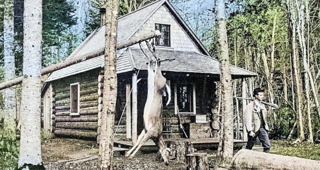 A historic photograph of a log hunting cabin in the woods shows a deer hanging from a tree and a hunter standing outside with a rifle resting on his shoulder.