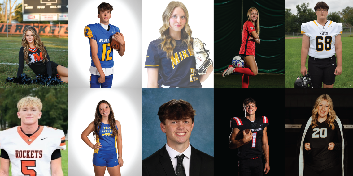 A collage of ten Greene County high school student-athletes posing in football, cheerleading, soccer, volleyball, and track uniforms, along with a formal student portrait.