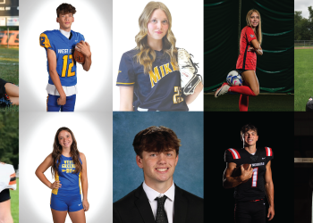 A collage of ten Greene County high school student-athletes posing in football, cheerleading, soccer, volleyball, and track uniforms, along with a formal student portrait.