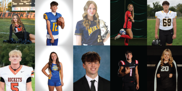 A collage of ten Greene County high school student-athletes posing in football, cheerleading, soccer, volleyball, and track uniforms, along with a formal student portrait.