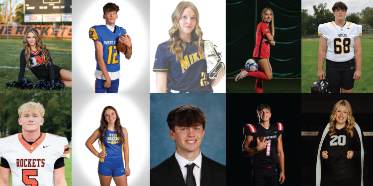 A collage of ten Greene County high school student-athletes posing in football, cheerleading, soccer, volleyball, and track uniforms, along with a formal student portrait.
