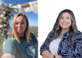 Side-by-side portraits of West Greene High School agriculture teachers Annaliese Yost, wearing a green T-shirt, and Lyndsey Garrett, wearing a blue patterned cardigan.