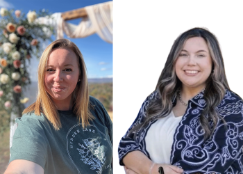 Side-by-side portraits of West Greene High School agriculture teachers Annaliese Yost, wearing a green T-shirt, and Lyndsey Garrett, wearing a blue patterned cardigan.