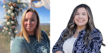 Side-by-side portraits of West Greene High School agriculture teachers Annaliese Yost, wearing a green T-shirt, and Lyndsey Garrett, wearing a blue patterned cardigan.