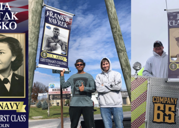 A collage of Hometown Heroes military banners honoring Julia Kostak Plasko, Frank R. Vavrek, and Fred Clark, Sr., alongside community members helping display the banners.