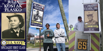 A collage of Hometown Heroes military banners honoring Julia Kostak Plasko, Frank R. Vavrek, and Fred Clark, Sr., alongside community members helping display the banners.